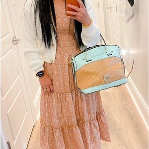 Dooney Bourke Beacon Aqua Vachetta Leather Woven Embossed Domed Satchel*